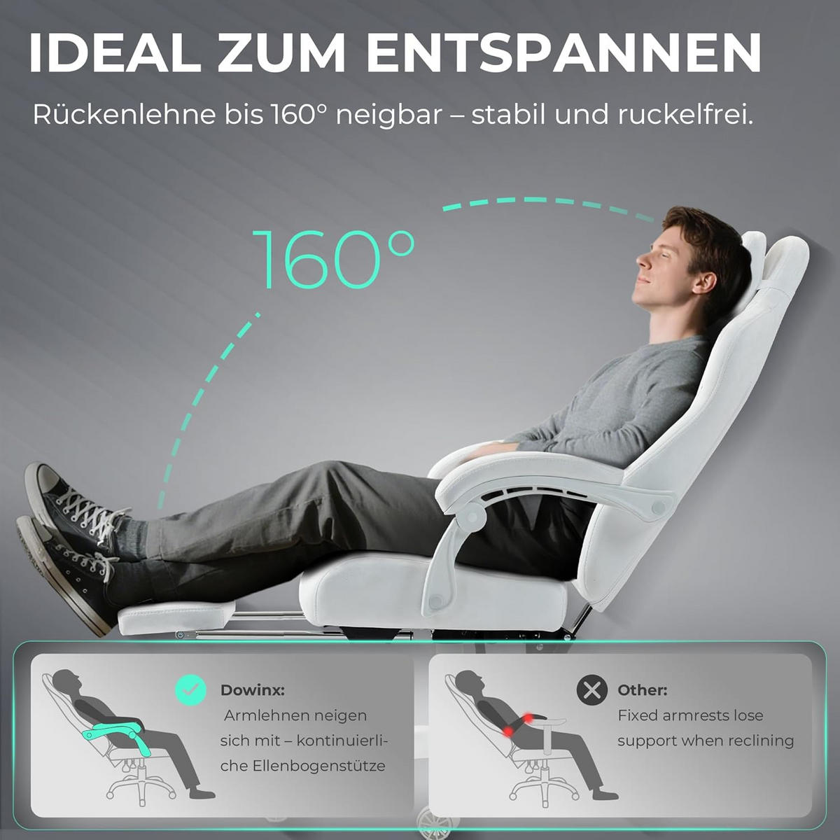 GAMING-STUHL Mikrofaser-Velours & Lendenkissen, Fußstütze 160° Neigbar - Weiß, Leder (70/132/70cm)