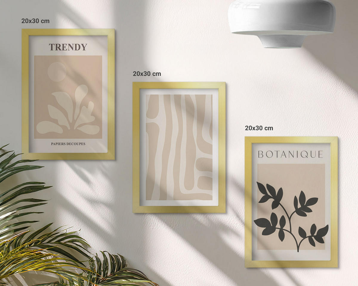 BILDER SET 3er Set - 20x30 cm Goldrahmen - Stilvolle Pflanzenmuster in Beige und Schwarz - Goldfarben, Kunststoff (20/30cm) - TULUP