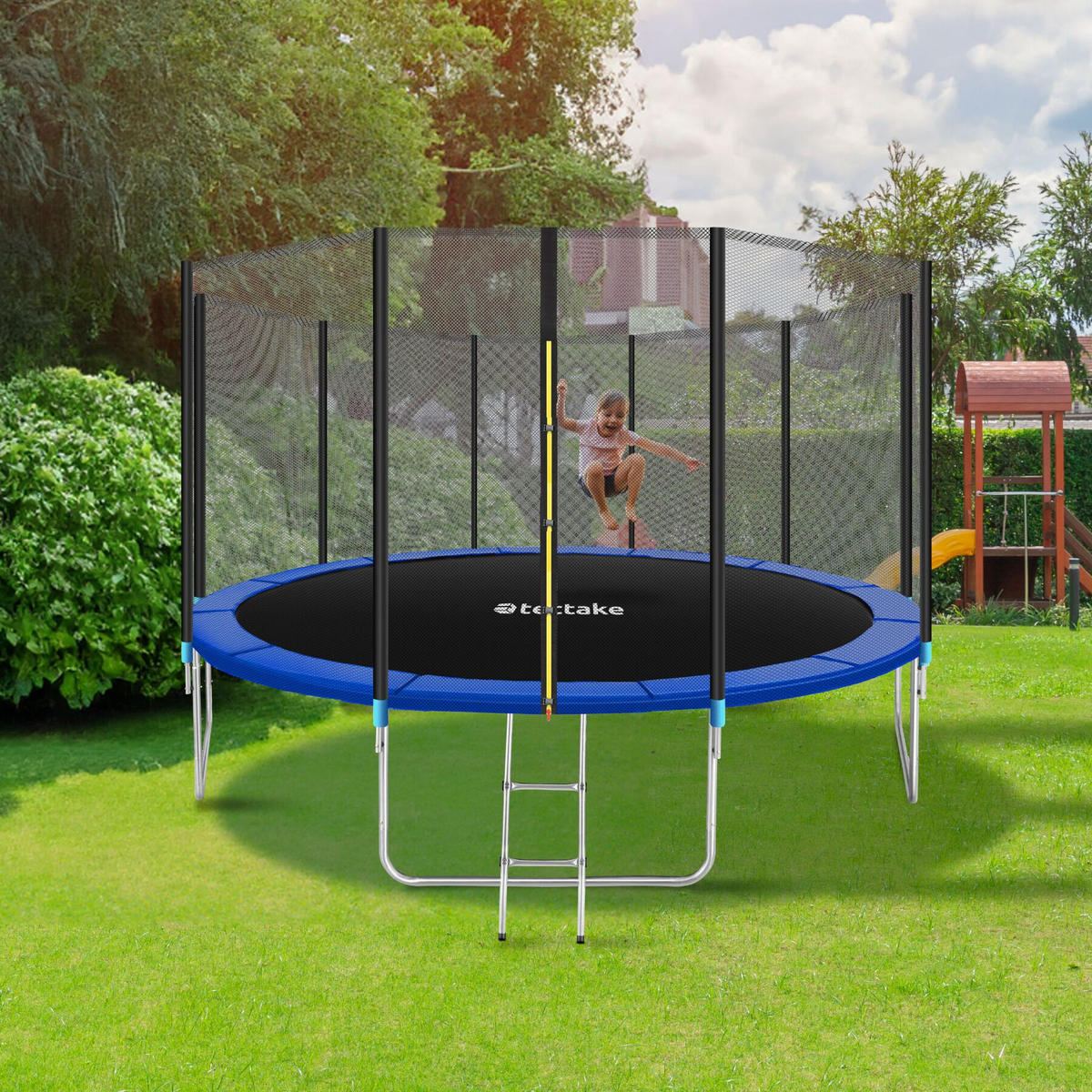 TRAMPOLIN Garfunky,inklusive Einstiegsleiter,schwarz/blau - Blau/Schwarz, Metall (457/269/457cm) - tectake