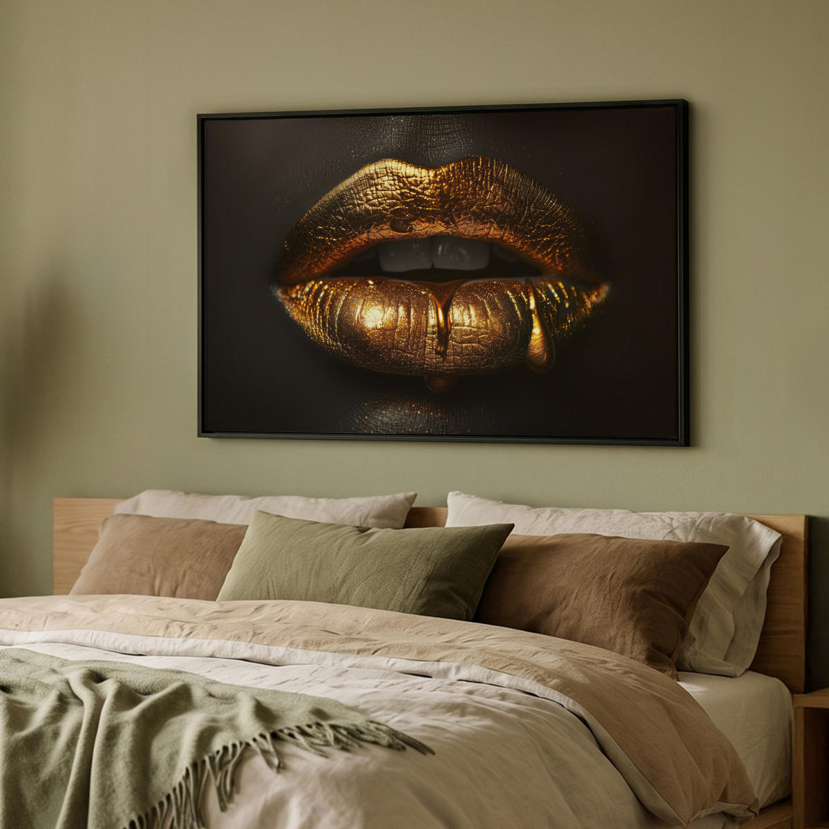 LEINWAND Bilder mit Rahmen - Frau - Porträt - Lippen - Gold - Schwarz - 90x60 - Schwarz, Textil (90/60cm) - MuchoWow