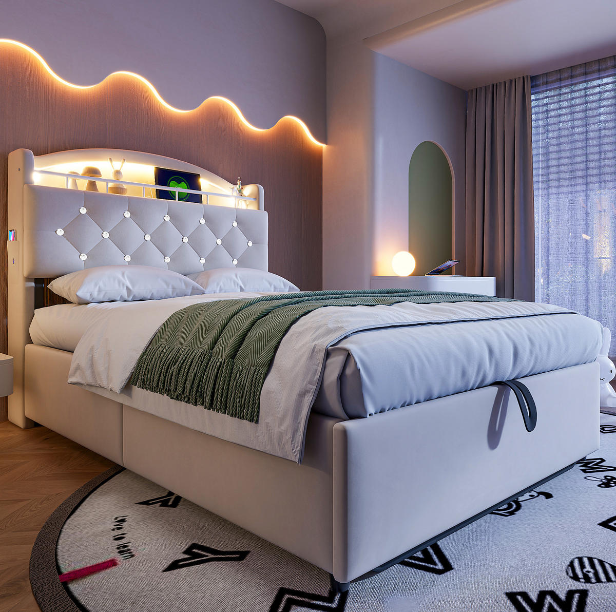 KINDERBETT 90/200 cm mit LED-Beleuchtung, USB-C, Bettkasten und Samtbezug, Beige - Beige, Textil (90/200cm) - Redom