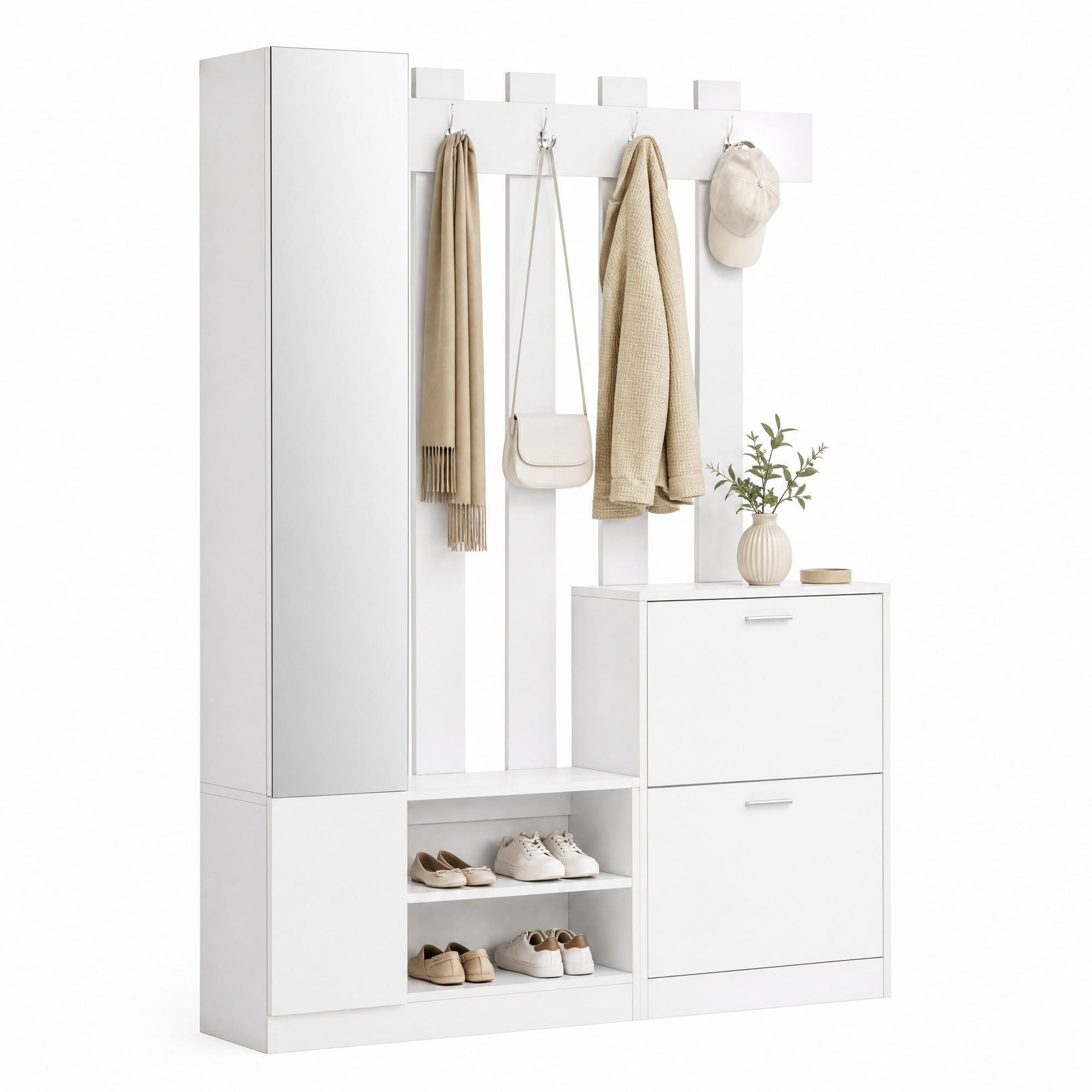 GARDEROBEN-SET mit Spiegel 135 x 25 x 180 cm Weiß mit Schuhschränken - Weiß, Holzwerkstoff (25/180/135cm) - Beauniv