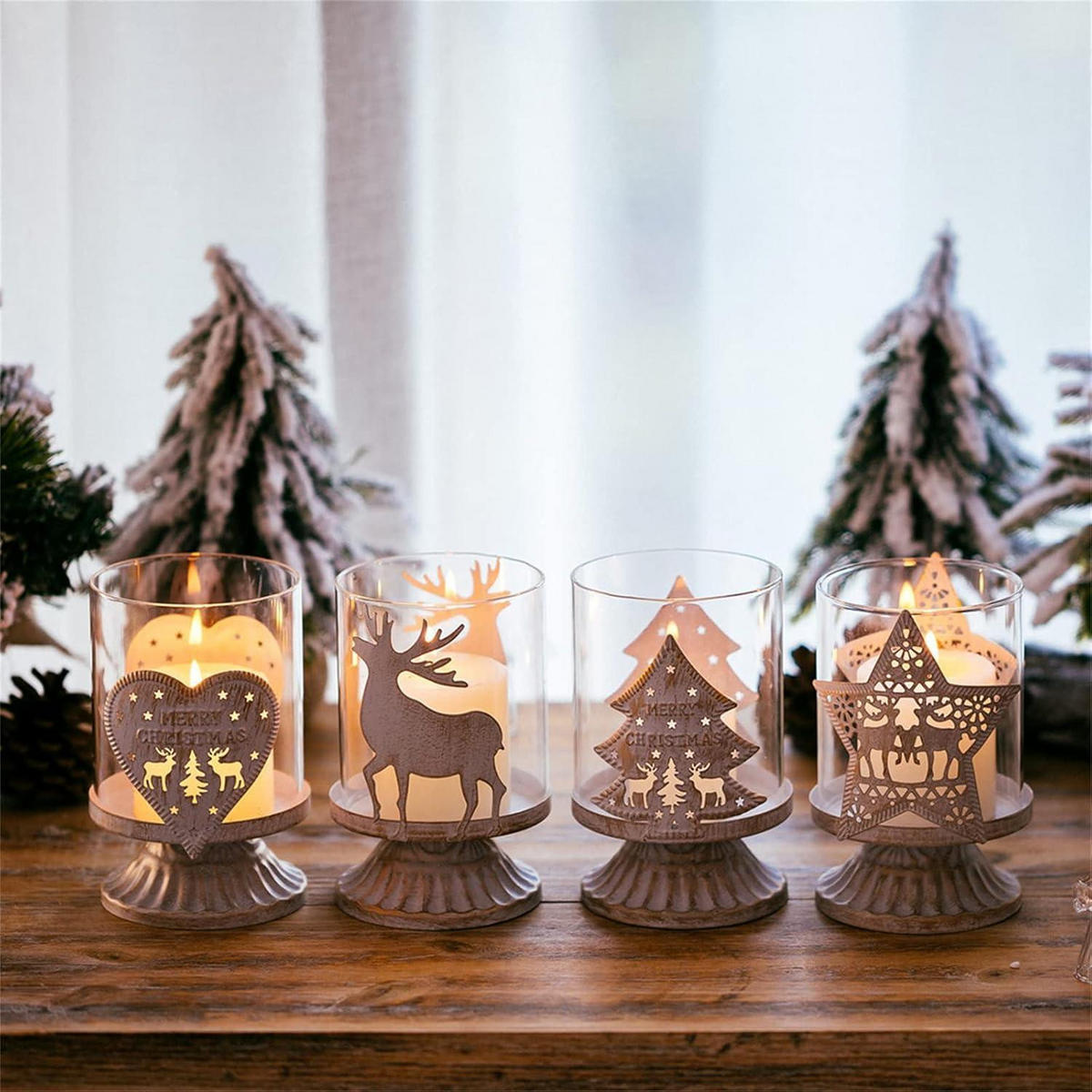 KERZENSTÄNDER 4er Set Weiß Used-Look Metall Glas - Weiß, Metall (8/12/8cm)