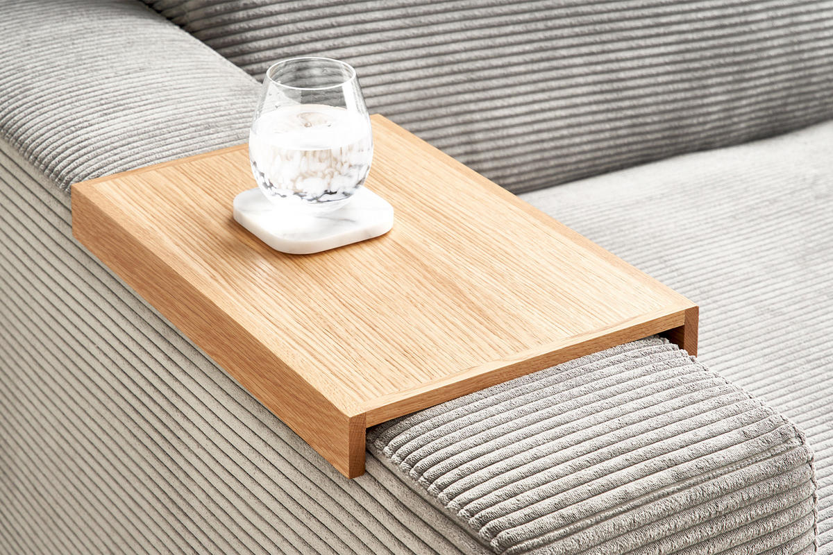 BIG SOFA XL MIT TABLETT NATUR MADELINE Hellgrau Cord - Hellgrau/Schwarz, Kunststoff/Textil (290/85/190cm) - KAWOLA