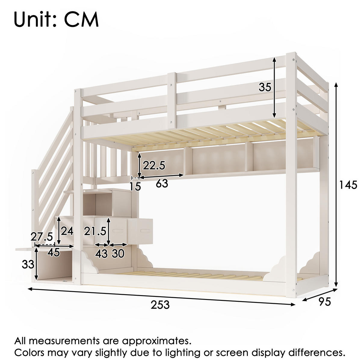 HOCHBETT aus Holz 90x200 cm in Weiß mit Treppenschrank & Stauraum - Weiß, Holz (90/200cm) - Modfu