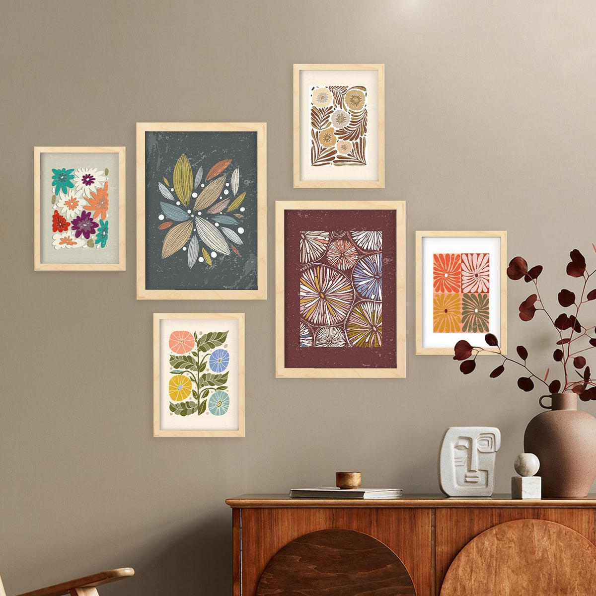POSTER Set Mit 6 Drucken Von Blütenblättern In Der Sammlung Ethnischere Dekorative Rahmen Für Zuhause Wandkunstdruck A3 & A4 Rahmen Aus Hellem Holz - Beige, Papier (29/3cm) - Nacnic