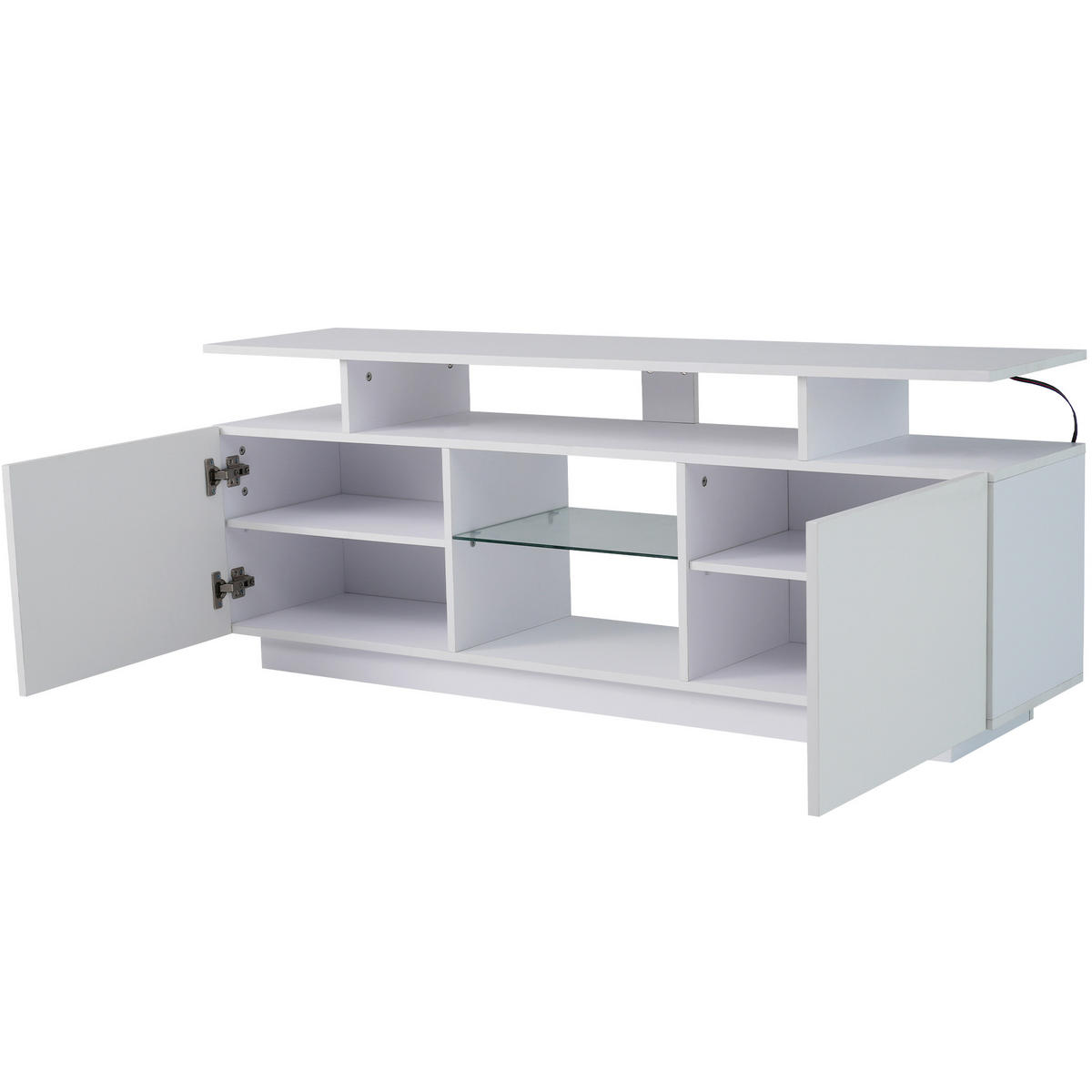 TV-SCHRANK 140/35/55 cm in Weiß aus Spanplatte mit LED-Beleuchtung und Glasfächern - Naturfarben/Weiß, Glas/Holzwerkstoff (140/55/35cm) - CHICFURN