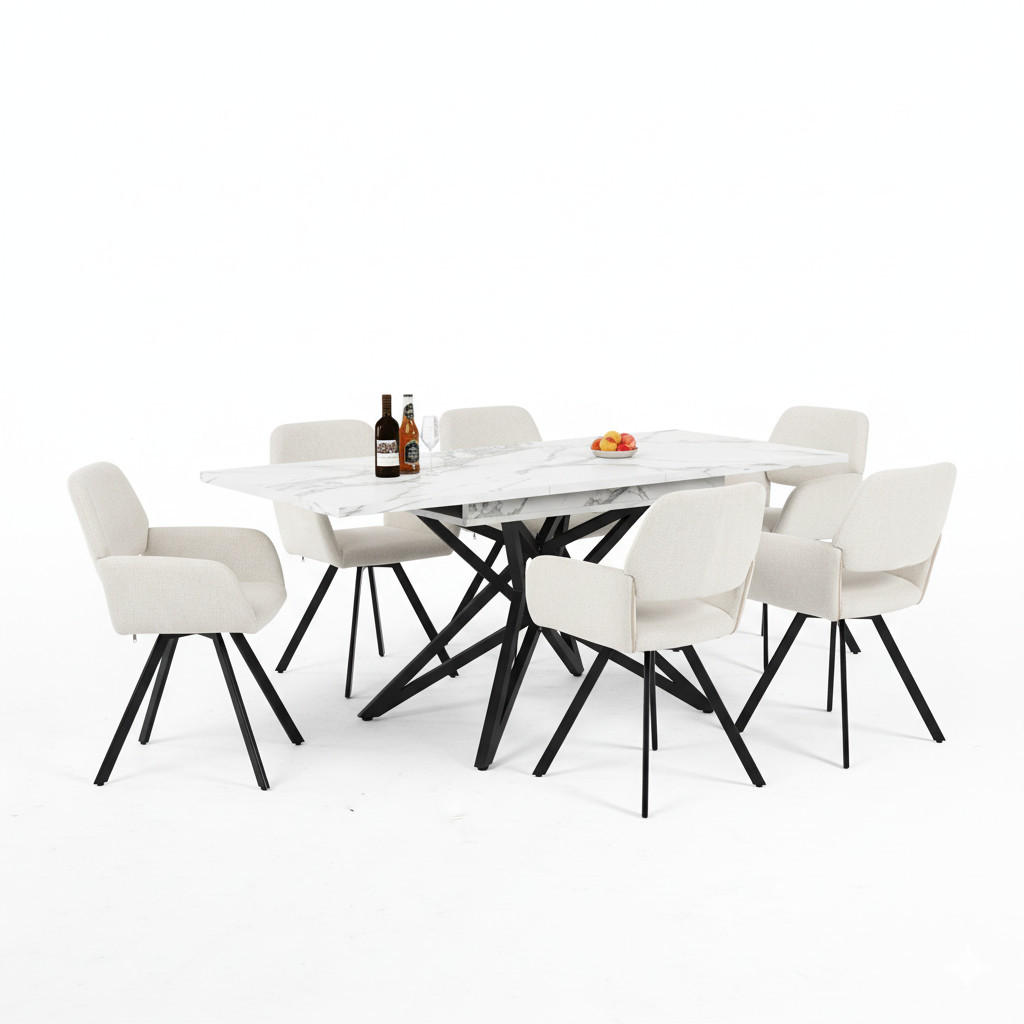 TISCHGRUPPE 7-teilig Ausziehtisch Marmoroptik Weiß & 6x 360° Drehstühle mit Armlehnen - Schwarz/Weiß, Holzwerkstoff/Textil (160/66.1/80cm) - Urban Meuble