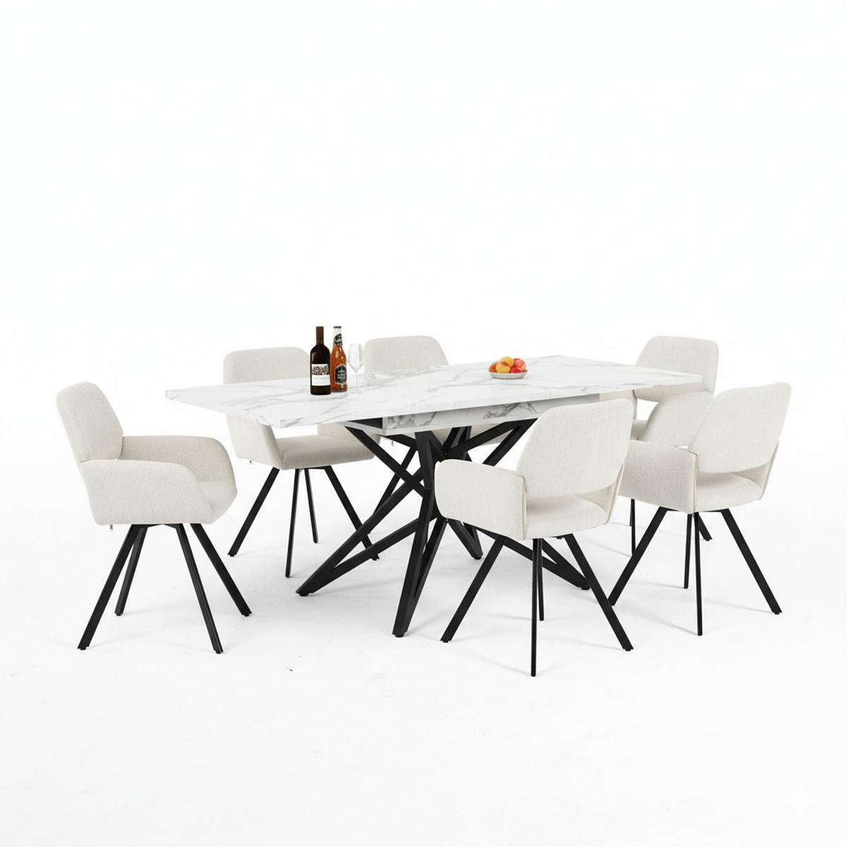 TISCHGRUPPE 7-teilig Ausziehtisch Marmoroptik Weiß & 6x 360° Drehstühle mit Armlehnen - Schwarz/Weiß, Holzwerkstoff/Textil (160/66.1/80cm) - Urban Meuble