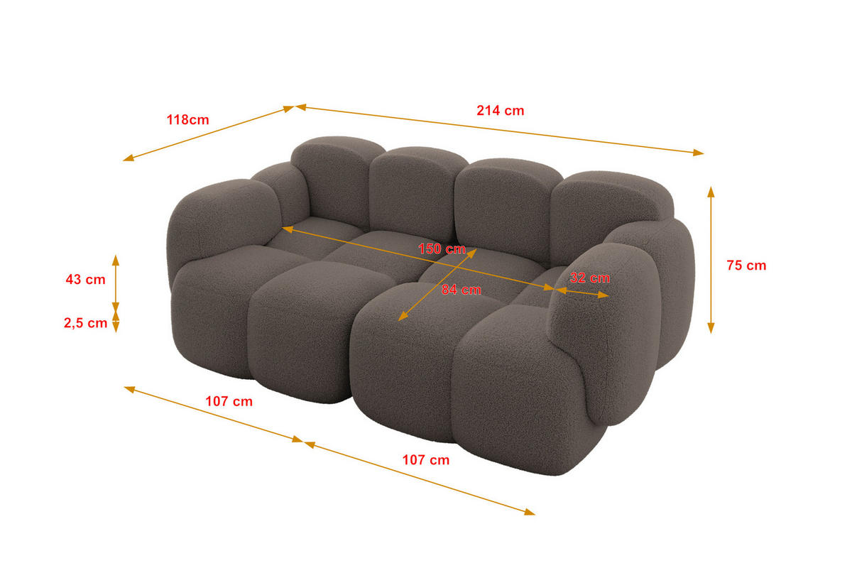 2-SITZER modulares Sofa Miko-S1 214x118x75 cm Braun Bouclé - Dunkelbraun/Schwarz, Holzwerkstoff/Kunststoff (214/75/118cm) - ALTDECOR