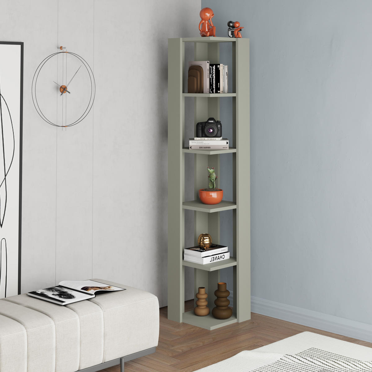 ECK BÜCHERREGAL Nati Aschgrün 34/34/161 cm - Grün, Holzwerkstoff (34/160.8/34cm) - Decortie