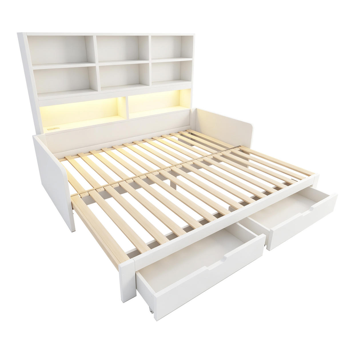 AUSZIEHBETT 90/180/200 cm mit Stauraum und LED, DE-41639, in Weiß - Weiß, Holzwerkstoff (90/200cm) - ComfortXL