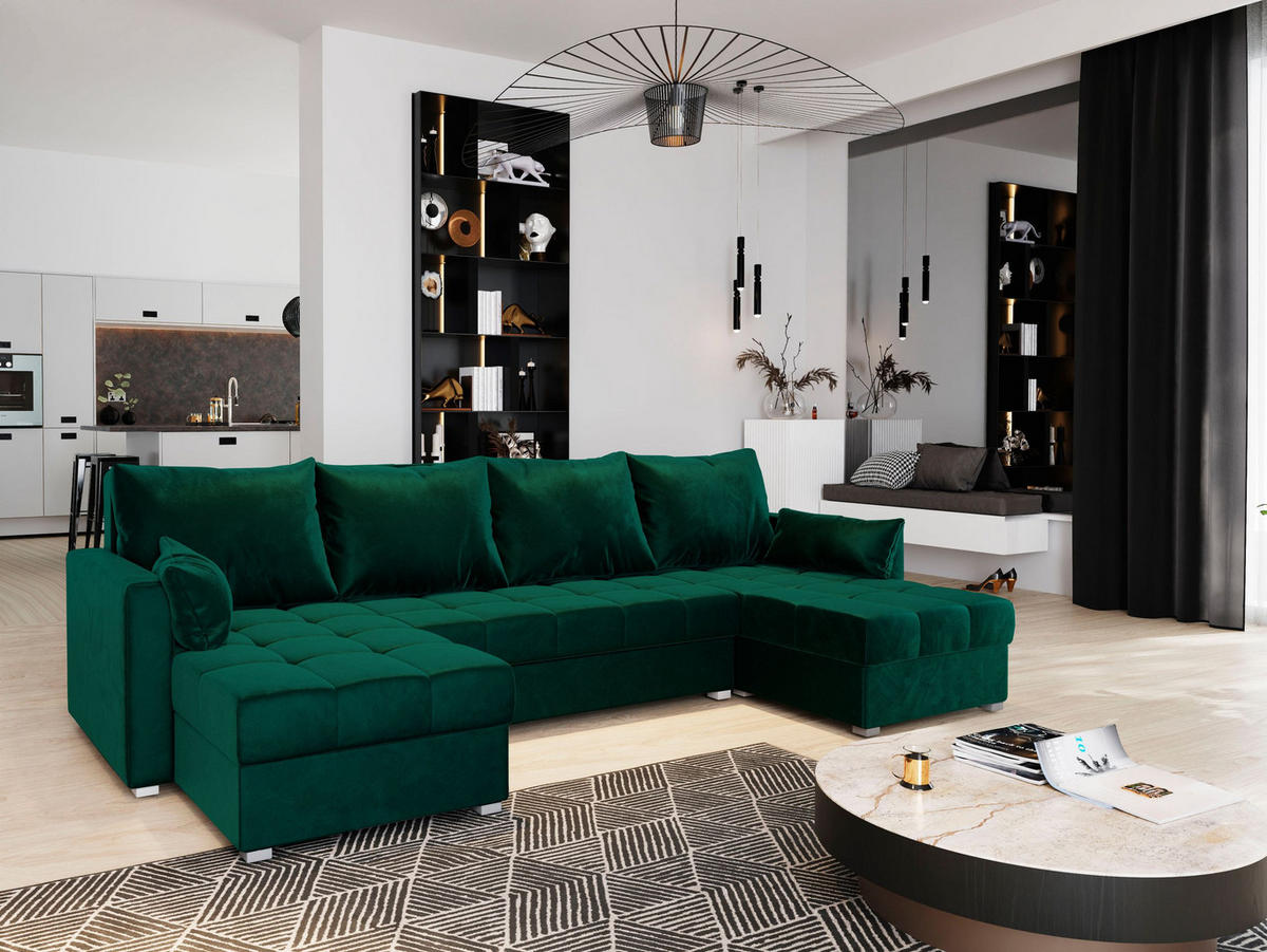 WOHNLANDSCHAFT NAKO Grün Plüsch-Stoff mit Schlaffunktion - Grün, Holz (285/85/140cm) - MASSENO
