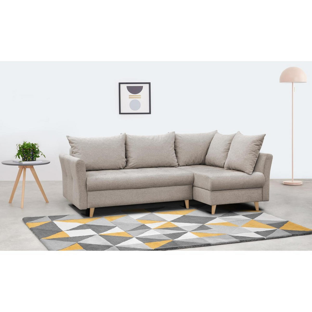 ECKSCHLAFSOFA Neron mit 2 Bettkasten und Beine in Buchefarbe, Beige, rechts - Beige/Buchefarben, Textil (233/148cm) - Beautysofa