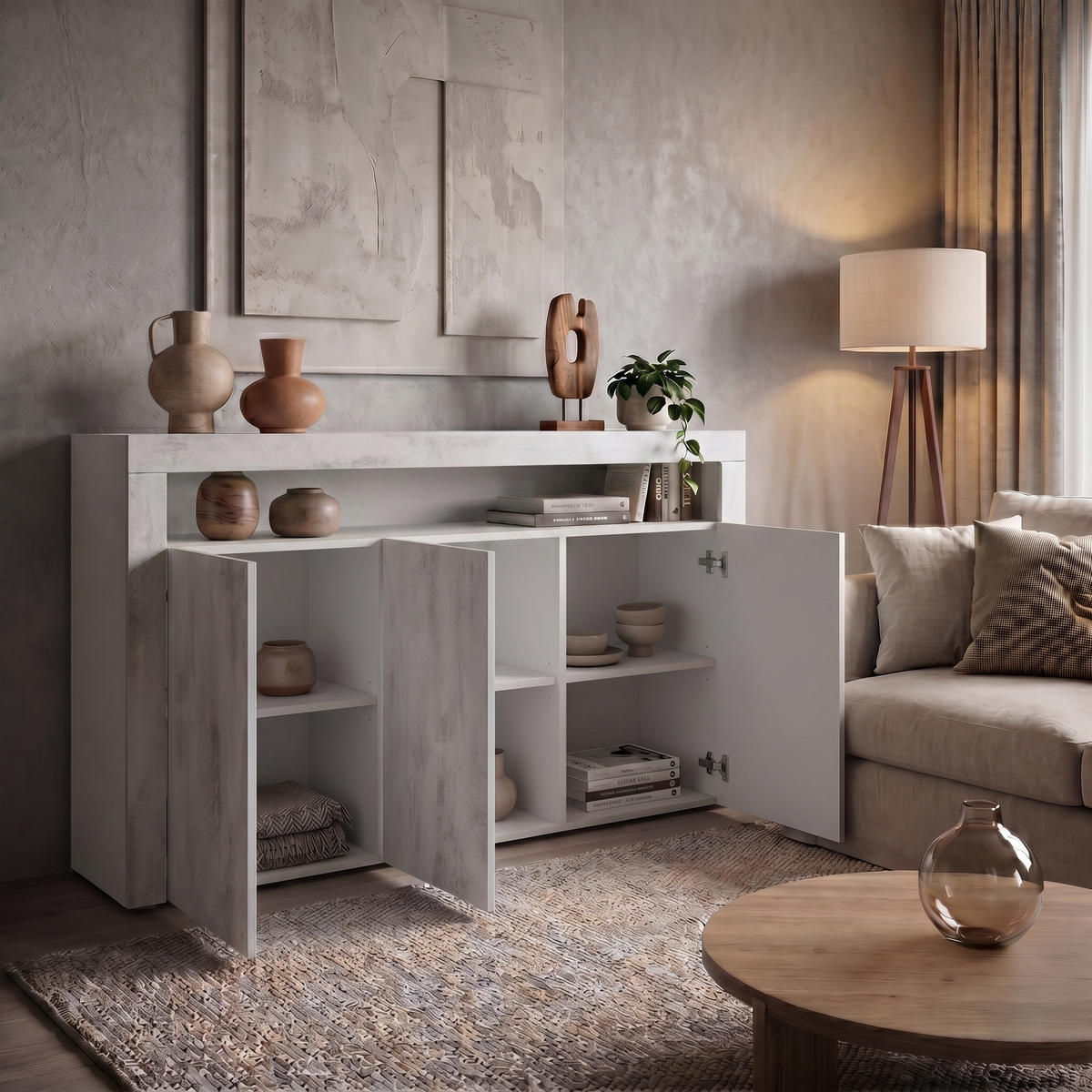 SIDEBOARD Valencia Beton Oxid Optik/ Beton Oxid Optik - Hellgrau, Holzwerkstoff (155/92/40cm) - Vladon