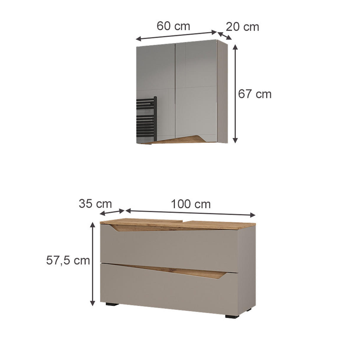 BADMÖBEL-SET Marelle, Greige/Artisan-Eiche, 2 Teile - Greige/Eiche Artisan, Holzwerkstoff (100/57.5/35cm) - Vicco