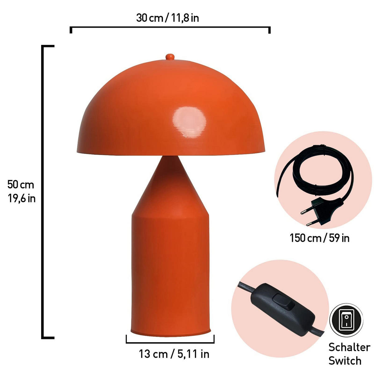 TISCHLEUCHTE Pilzlampen 50/30 - Orange, Metall (30/50cm) - Bamyum