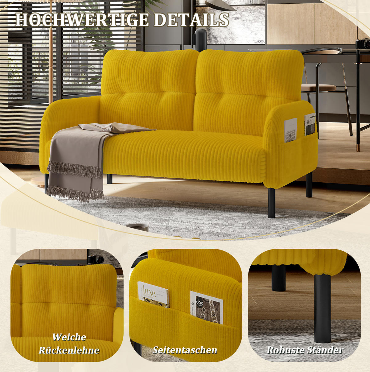 SOFA 2-Sitzer Cord 120 x 75 x 79 cm Gelb - Gelb, Holzwerkstoff (120/79/75cm) - Meubliv