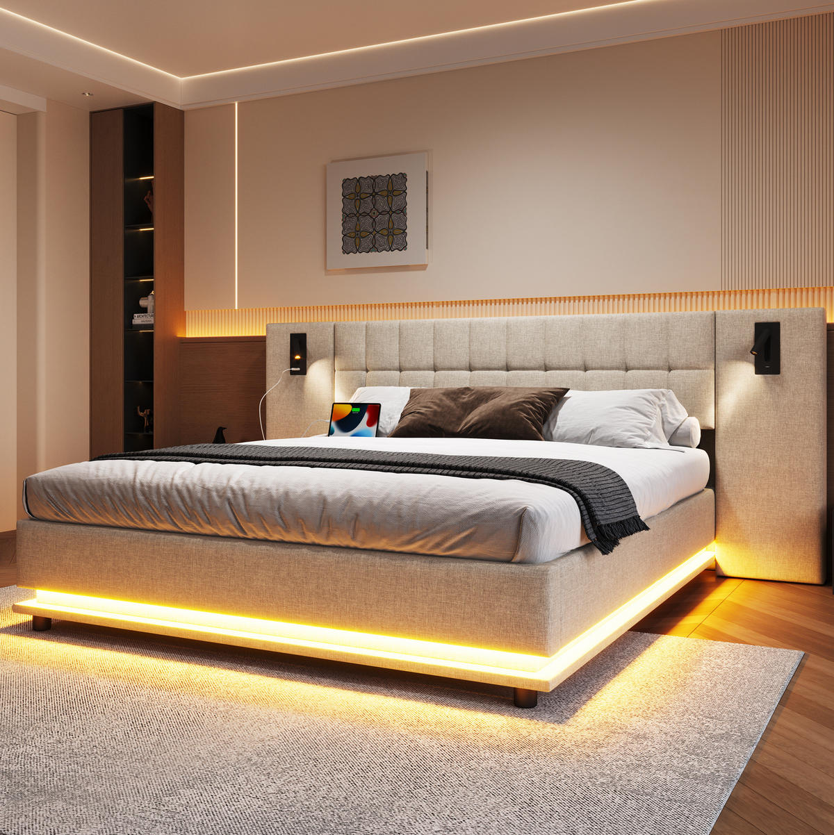 ČALÚNENÁ posteľ z ľanu a MDF 180x200 cm béžová s LED osvetlením, USB portom, čítacím bodom a bez matraca - béžová, textil (180/200cm) - Modfu