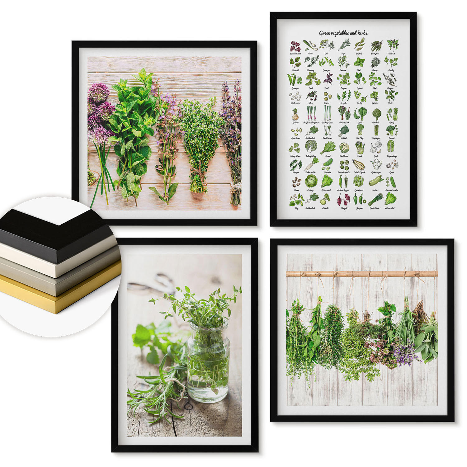 WANDBILDER 4er-Set - 50x50 cm & 40x60 cm Schwarzer Rahmen - Getrocknete Kräuter für die Küche - Schwarz, Kunststoff (50/50cm) - ArtPrintCave