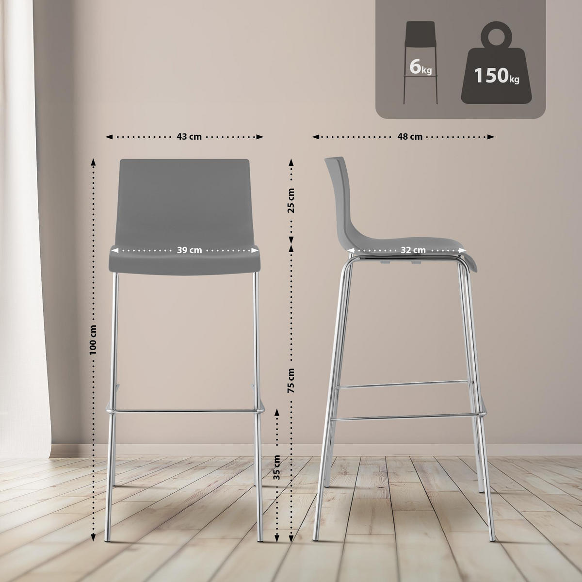 BARHOCKER 2er Set Kunststoff Grau - Chromfarben/Grau, Kunststoff/Metall (43/100/48cm) - CLP