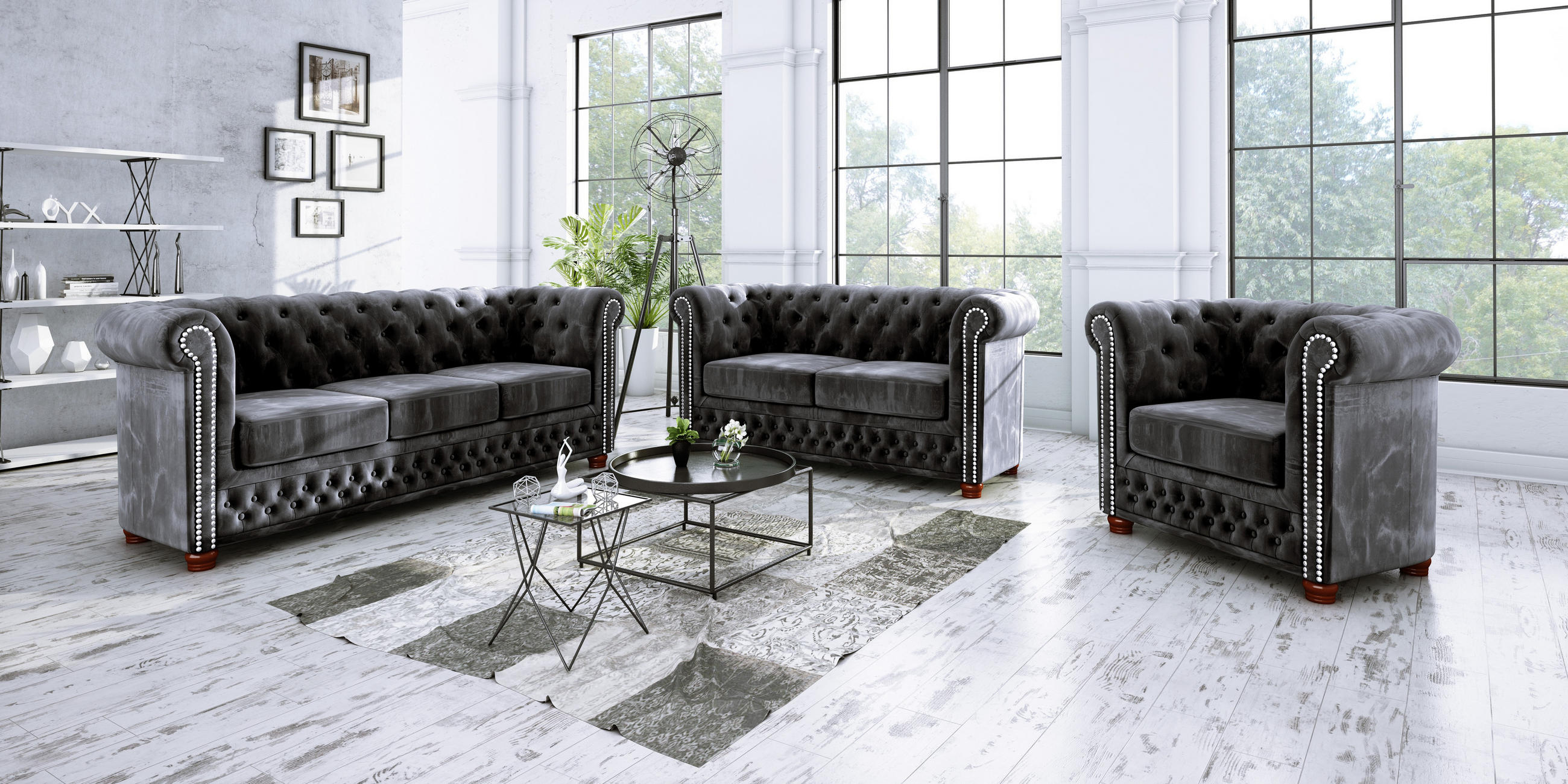 Thumbnail - S-Style Möbel Chesterfield-Sofa, Schwarz, Textil, Echtholz,Buche, Birke, 2-Sitzer, Füllung: Polyetherschaumkern, 148x72x...