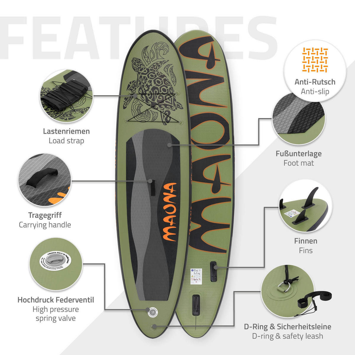 STAND UP PADDLE BOARD Maona Olive - Olivgrün, Kunststoff (308/78/10cm) - ECD-Germany