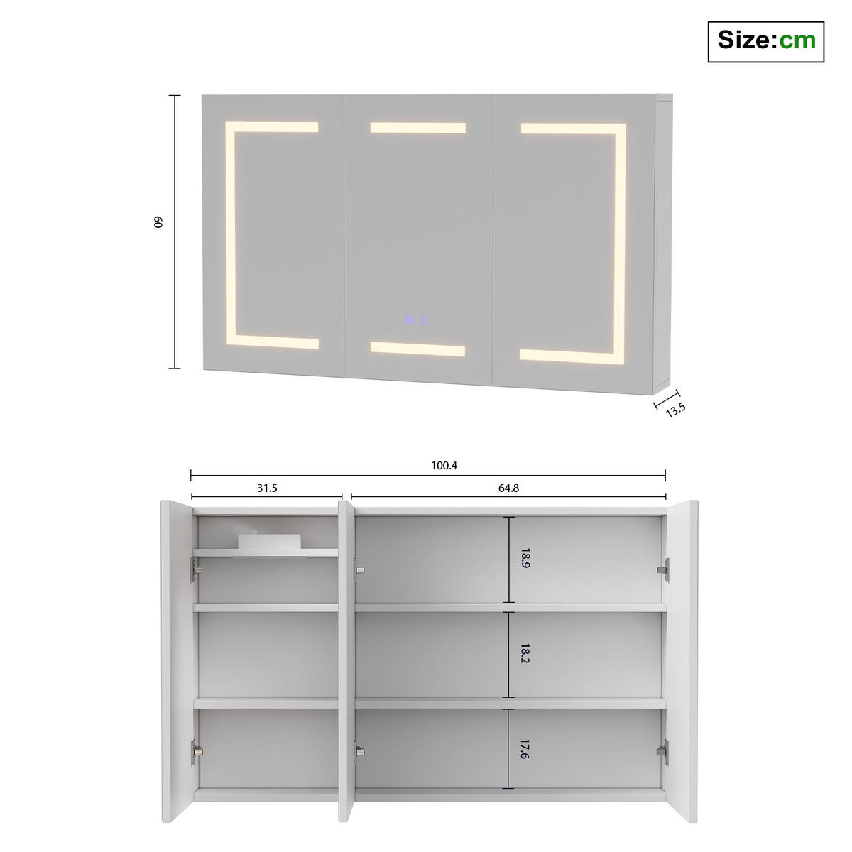 SPIEGELSCHRANK, Wandbadezimmerschrank mit LED-Spiegel, 60 x 100 cm, 3 Türen, integrierte Steckdose und USB-Anschlüsse - Weiß, Glas (60/100.4/13.5cm) - Waldena