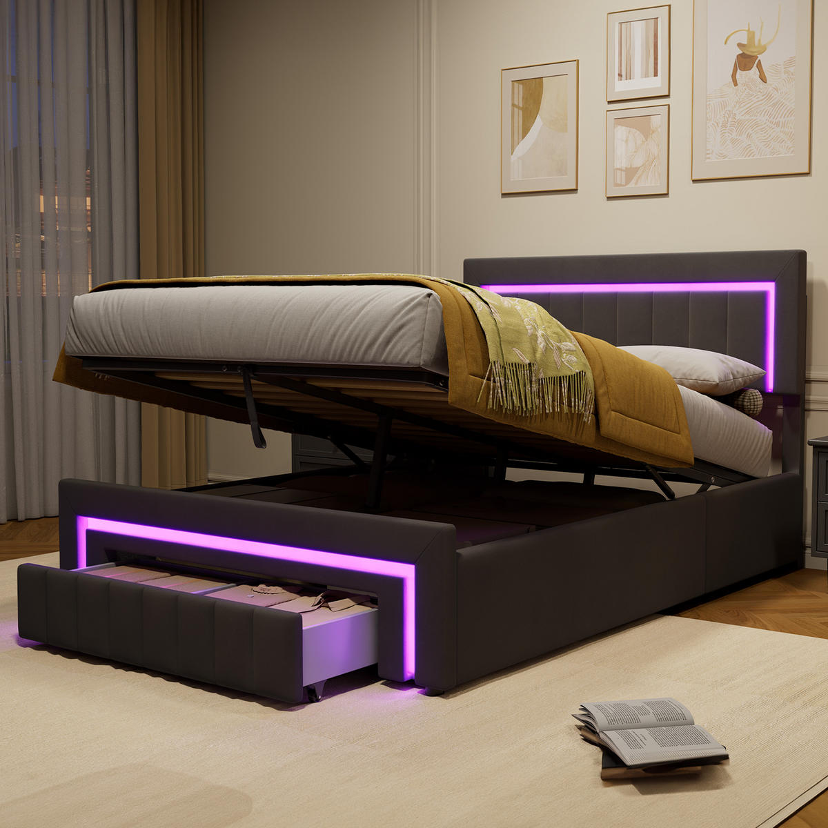 POLSTERBETT 140/200 cm mit hydraulischem Bettkasten, Schublade mit Rollen, LED-Beleuchtung, Grau - Grau, Textil (140/200cm) - Redom