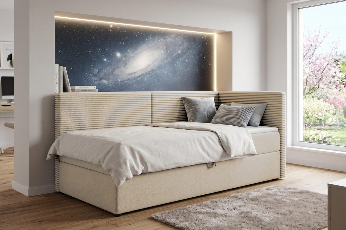 BOXBETT MILA 100/200 in Cord/Velours Ecru H3 rechts - Ecru, Holz/Holzwerkstoff (100/200cm) - Deine Möbel 24