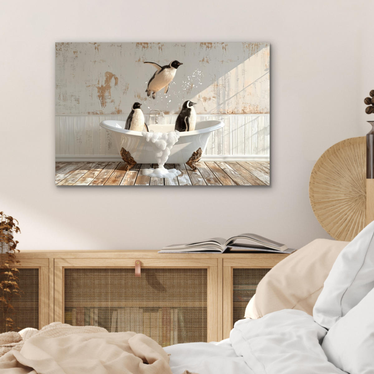 METALLBILD Vintage - Pinguin - Badewanne - Schaumstoff 60x40 cm - Schwarz, Metall (60/40cm) - MuchoWow