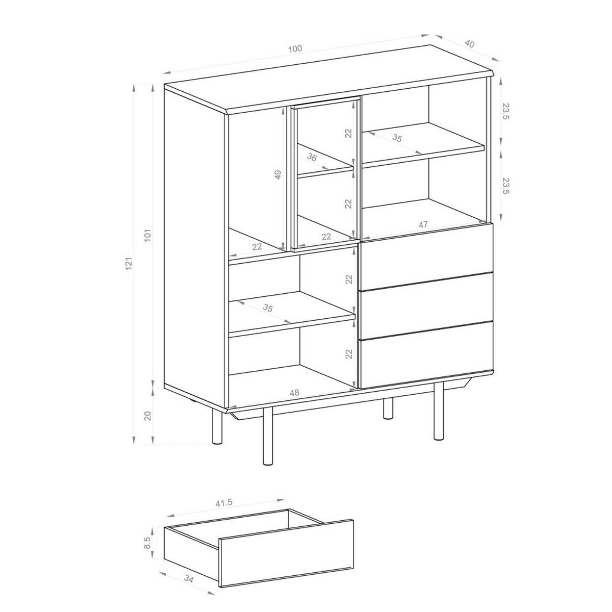 HIGHBOARD Inox grau / Jackson Hickory 100 / 40 / 121cm - Braun/Grau, Holzwerkstoff (100/121/40cm) - Feldmann-Wohnen