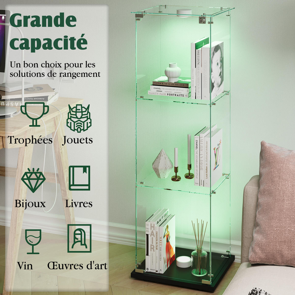 VITRINE 125x42x36 cm, LED, 1 Tür, 3 verstellbare Böden, Schwarz - Schwarz, Holz (40/123/35cm)