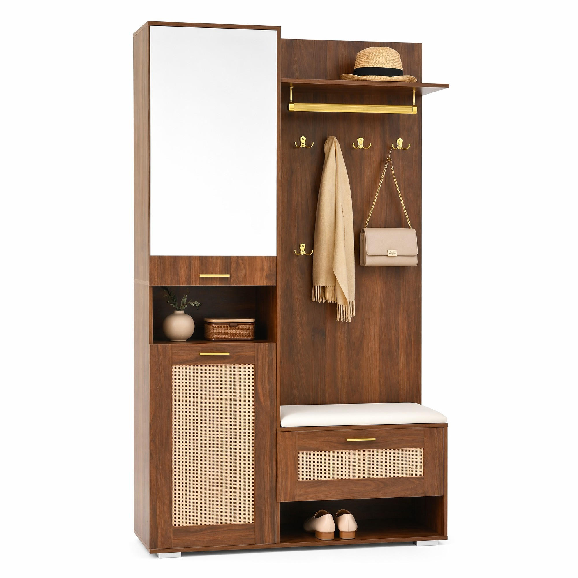 GARDEROBEN-SET in Nussbaumfarben mit Schuhschrank, Sitzbank und LED-Beleuchtung , B110/T38/H190cm - Nussbaumfarben, Glas/Holzwerkstoff (110/190/38cm) - STILVORA