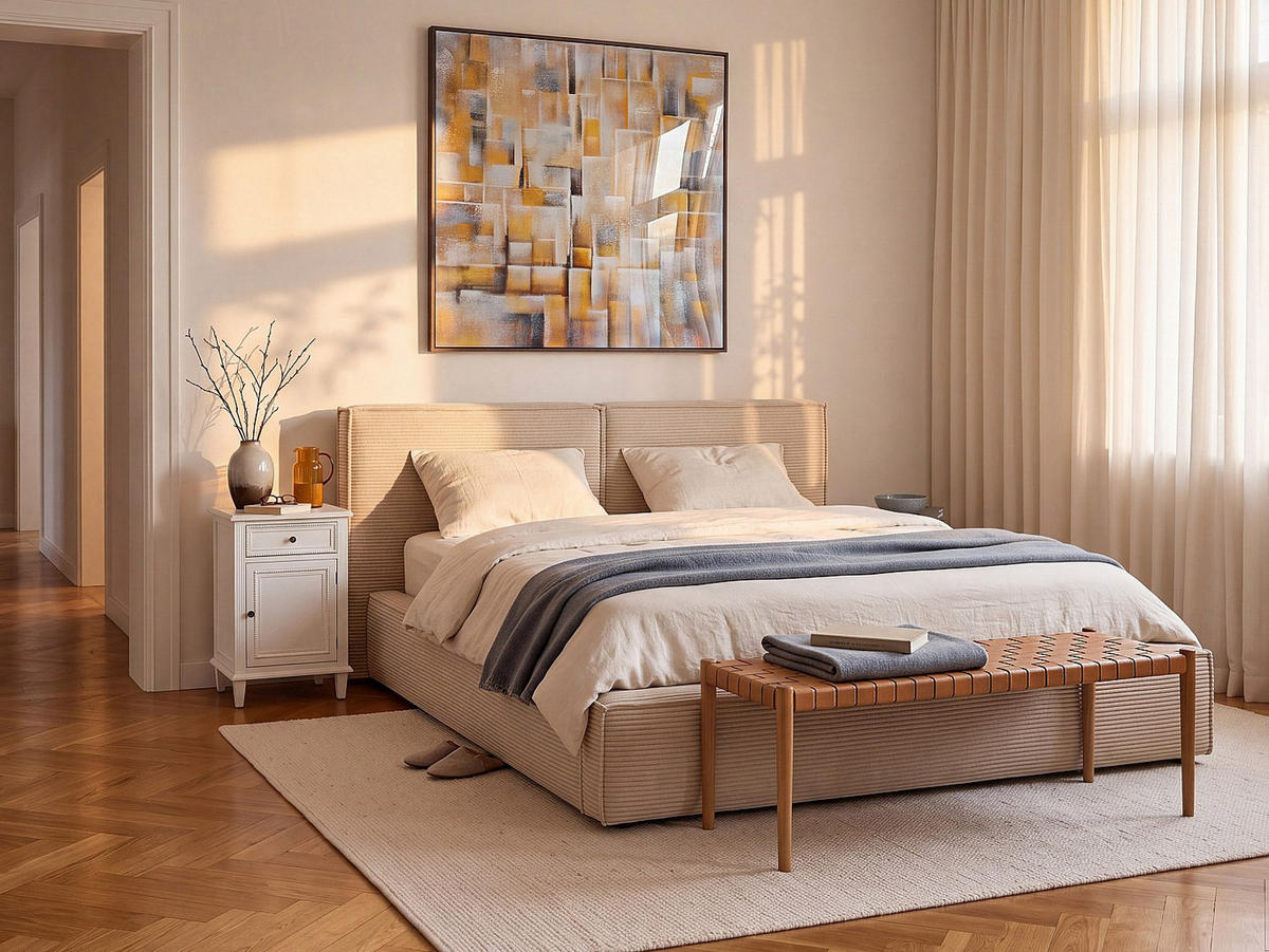 BETT mit Bettkasten - 2 Personen - samt - beige Taveso - Weiß, Textil (180/200cm) - Vente-Unique