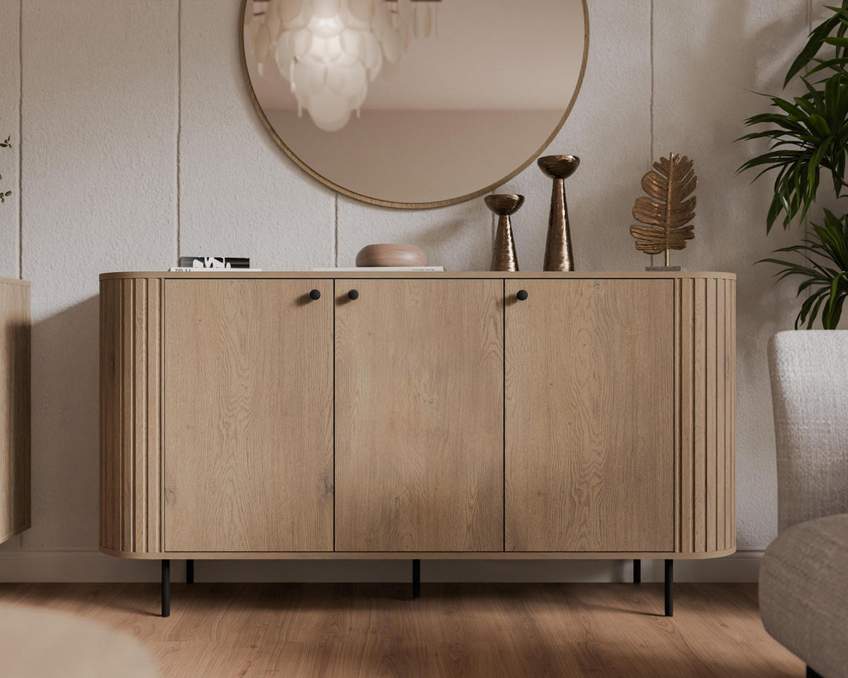 SIDEBOARD Halay Eiche Cremona, 3 Türen Moderne Rillenstruktur 164,6 cm, mit runden Kanten - Eichefarben/Schwarz, Holzwerkstoff/Metall (164.6/85.4/42.4cm) - AX Living