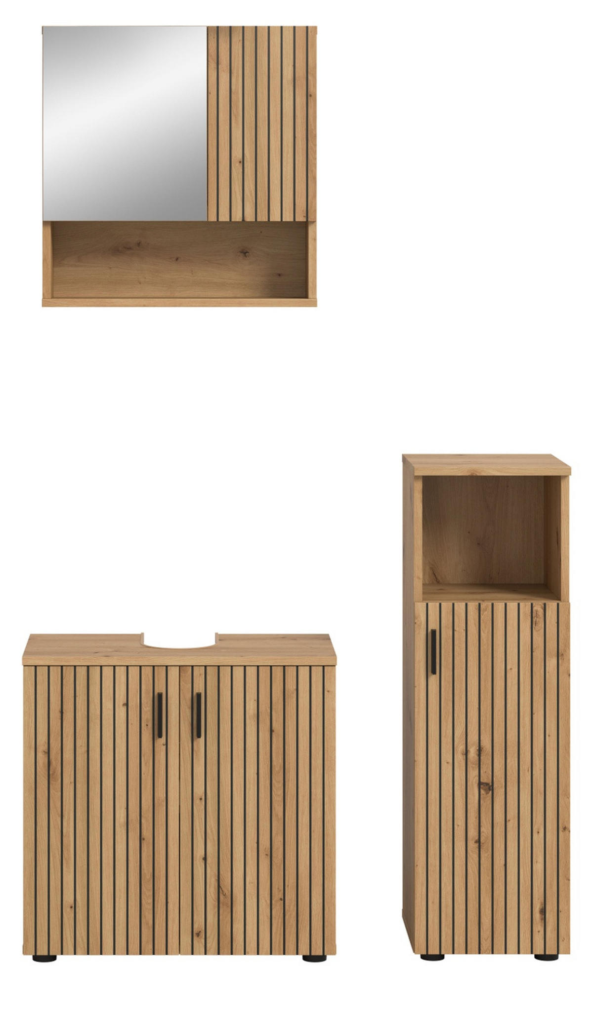 BADMÖBEL-SET Eiche Artisan 3-teilig 105 cm, Badkombination mit Rillen - Schwarz/Eiche Artisan, Glas/Holzwerkstoff (105/180/30cm) - Inn.Furn