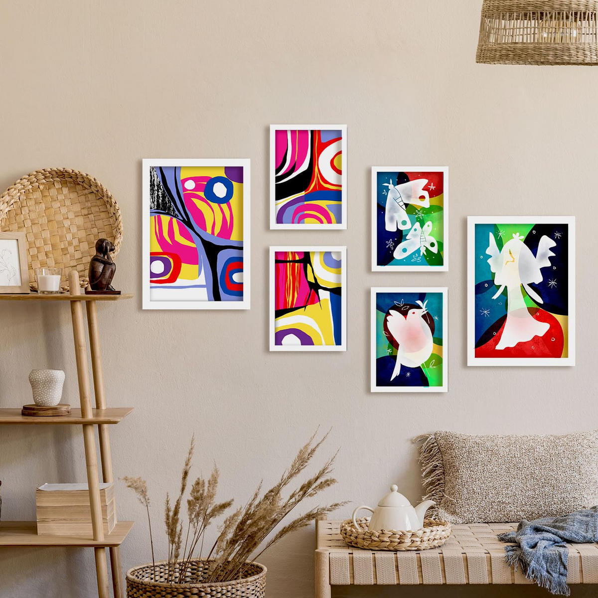 POSTER Set Mit 6 Flügel Des Friedens In Farbenfrohe Abstracts Ästhetische Dekorative Gemälde Für Ihr Wohnzimmer Zuhause A3 & A4 Weißer Rahmen - Weiß, Papier (29/3cm) - Nacnic