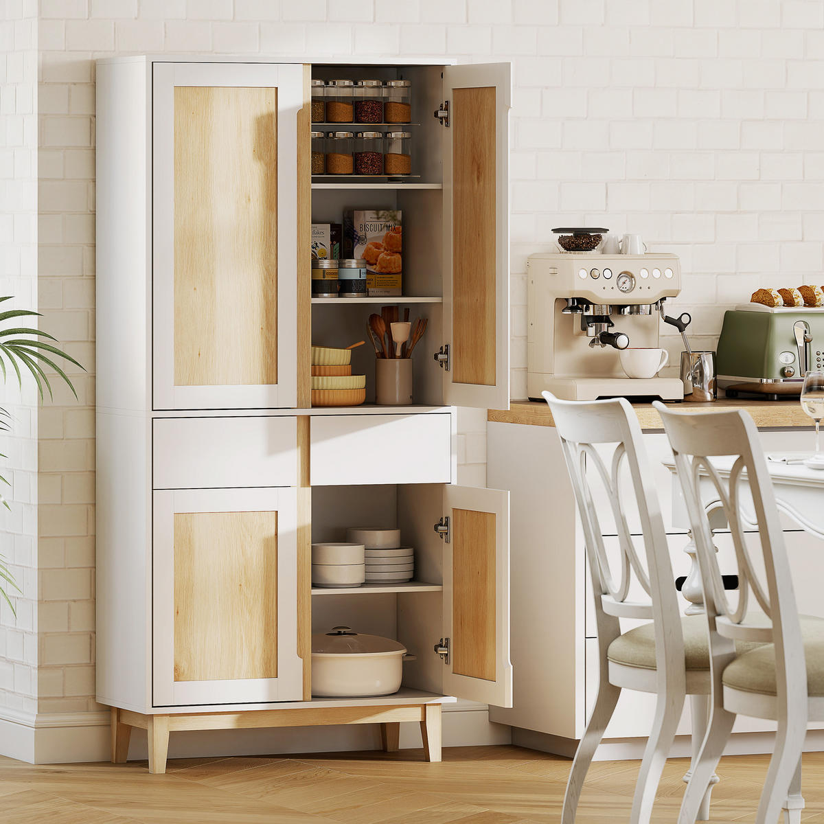 BUFFET DE-11225 4 Türen Weiß/Eiche - Weiß, Holzwerkstoff (35/170/80cm) - ComfortXL