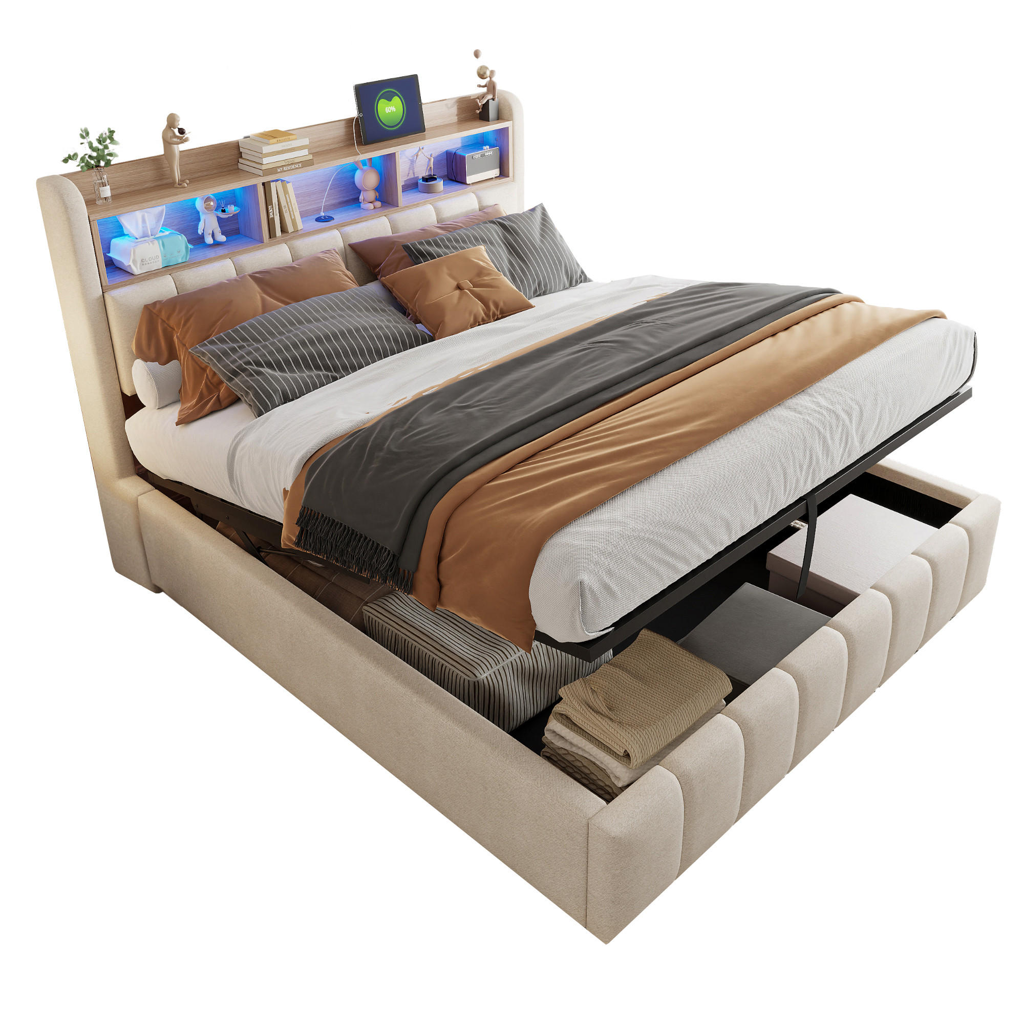 WISHDOR ČALOUNĚNÁ POSTEL 180x200 cm béžová s lněným vzhledem, úložným prostorem, LED osvětlením, USB a Type-C portem