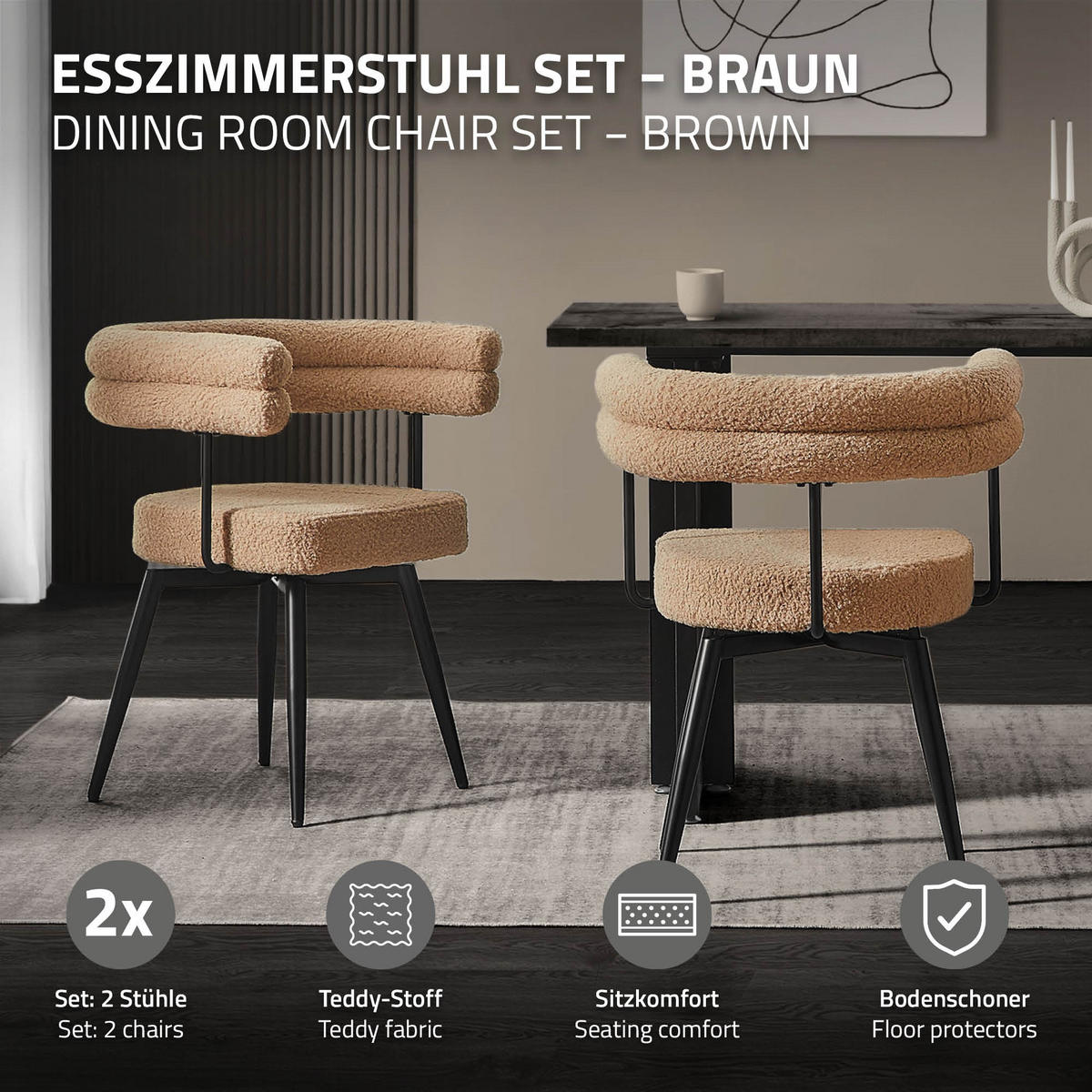 ESSZIMMERSTÜHLE drehbar 2er Set Braun Teddy-Stoff - Schwarz/Braun, Textil/Metall (63/75/55cm) - ML-DESIGN