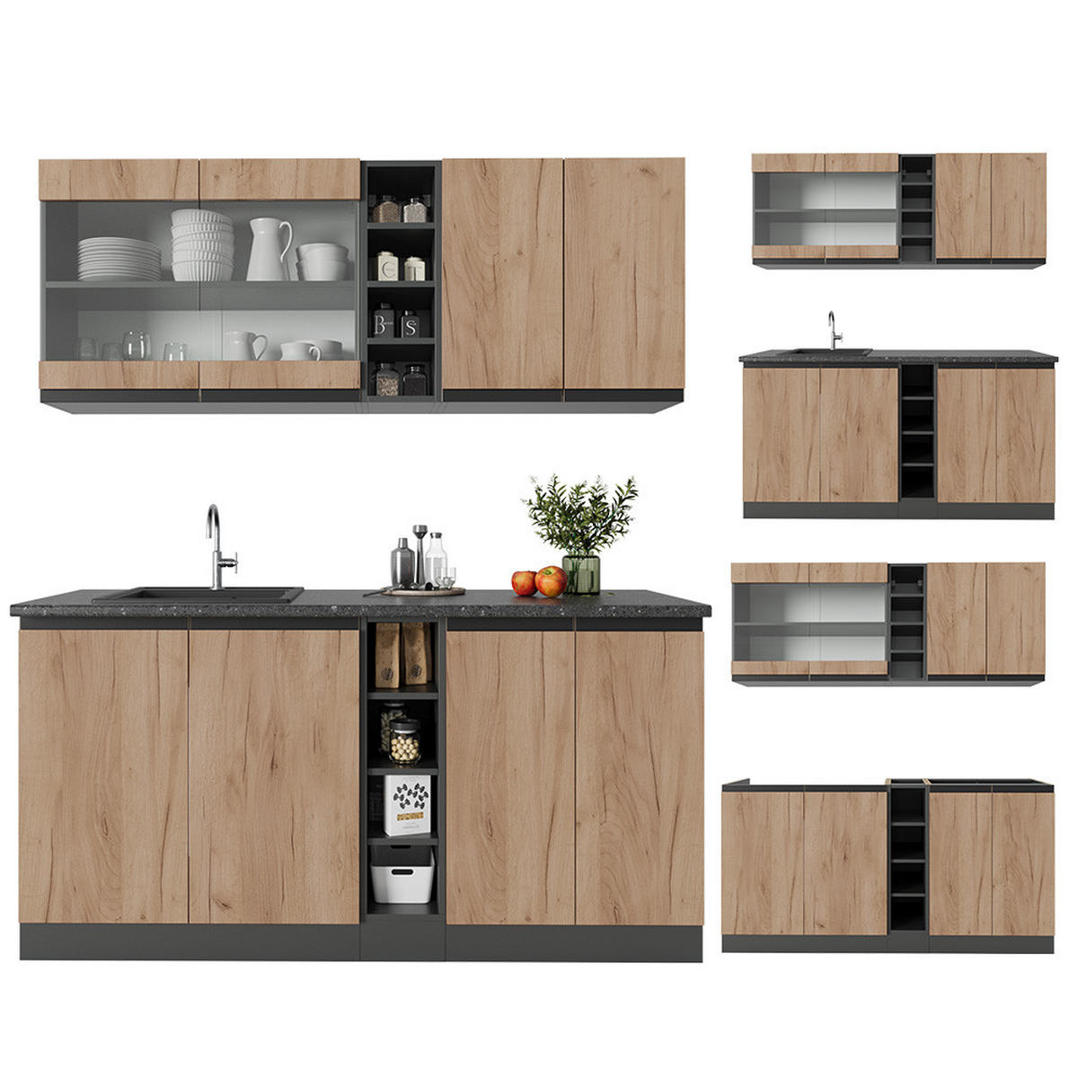 SINGLEKÜCHE R-Line Goldkraft Eiche/Anthrazit 160 cm J-Shape - Honigeiche/Anthrazit, Holzwerkstoff (160/81.6/46cm) - Vicco
