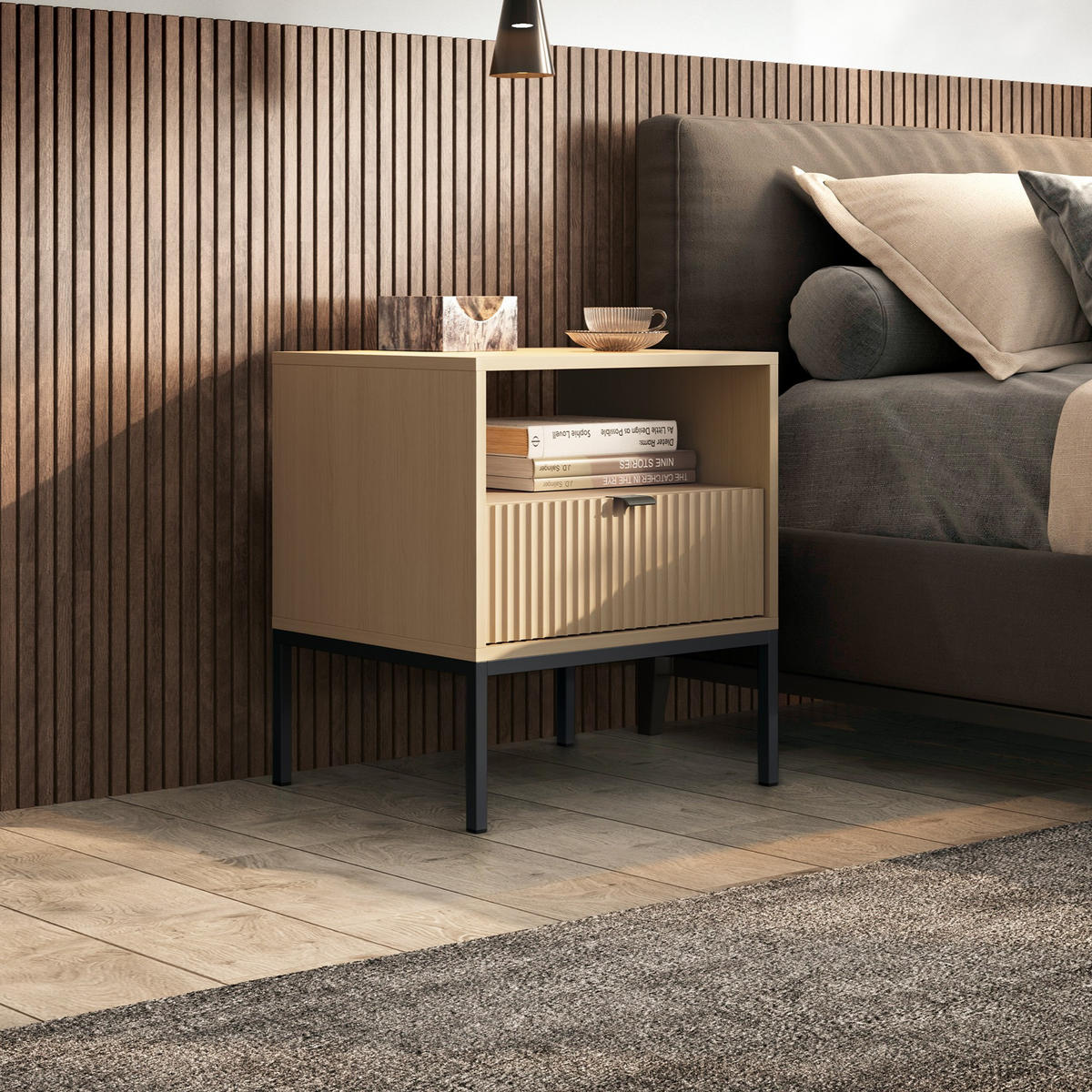MODERNES Geriffelter Nachttisch KIOTO SN1SZ (Eiche Vicenza, Schwarzes Gestell, Vollauszug) - Eichefarben/Schwarz, Holz/Holzwerkstoff (54/56/39cm) - Ravio