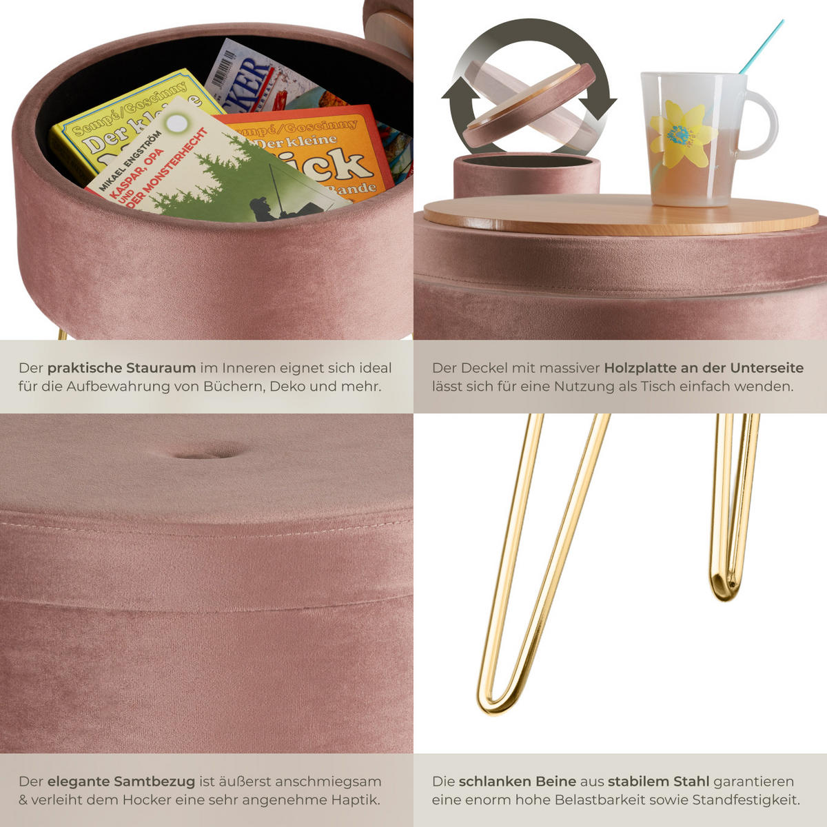 SITZHOCKER mit Stauraum Ava,37,5 x 44,5 cm,rosa - Rosa, Holz (37.5/44.5/37.5cm) - tectake
