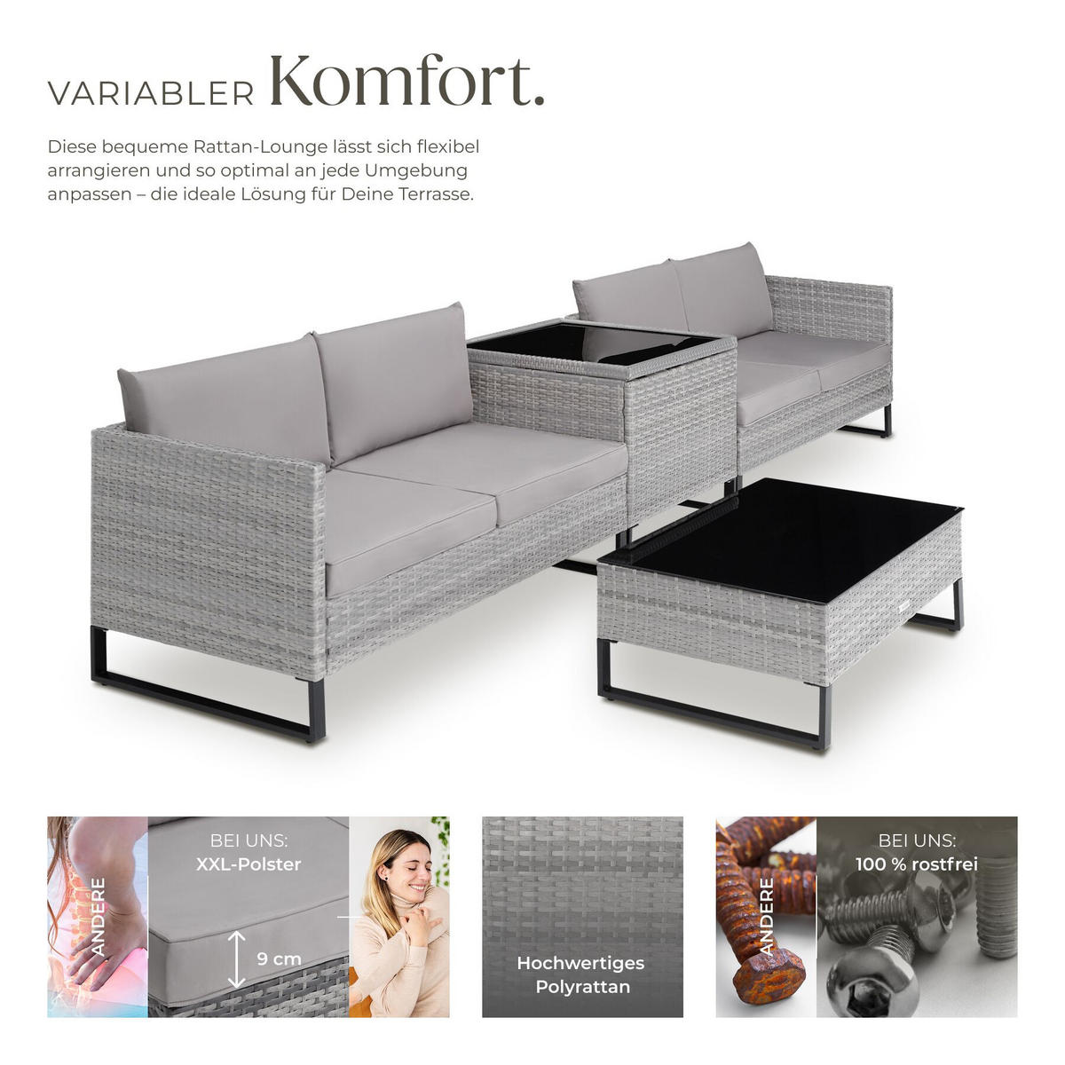 RATTANLOUNGE Ostuni, mit Sicherheitsglasplatte, grau-meliert/grau - Grau, Kunststoff - tectake