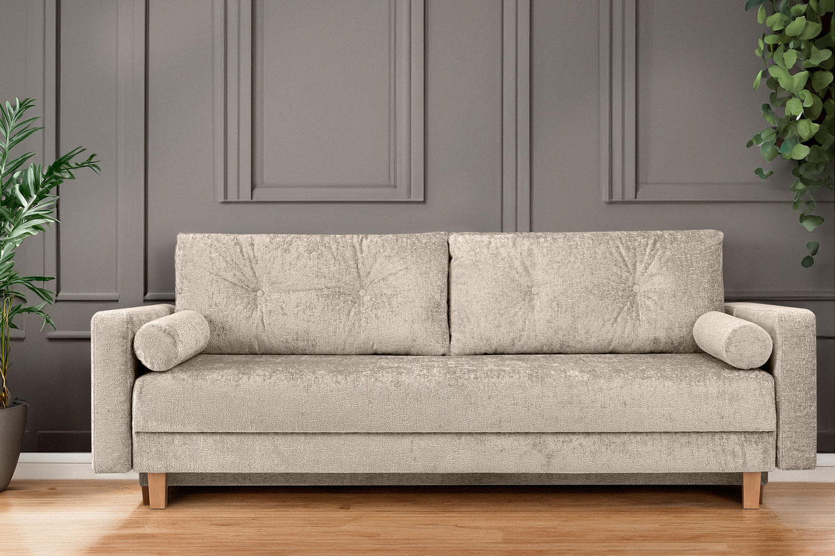 3-SITZER-SCHLAFSOFA ERISO mit weiche Sitzfläche und hohe Rückenlehne, Chenille-Stoff, beige - Beige/Braun, Textil (220/80/100cm) - KONSIMO®