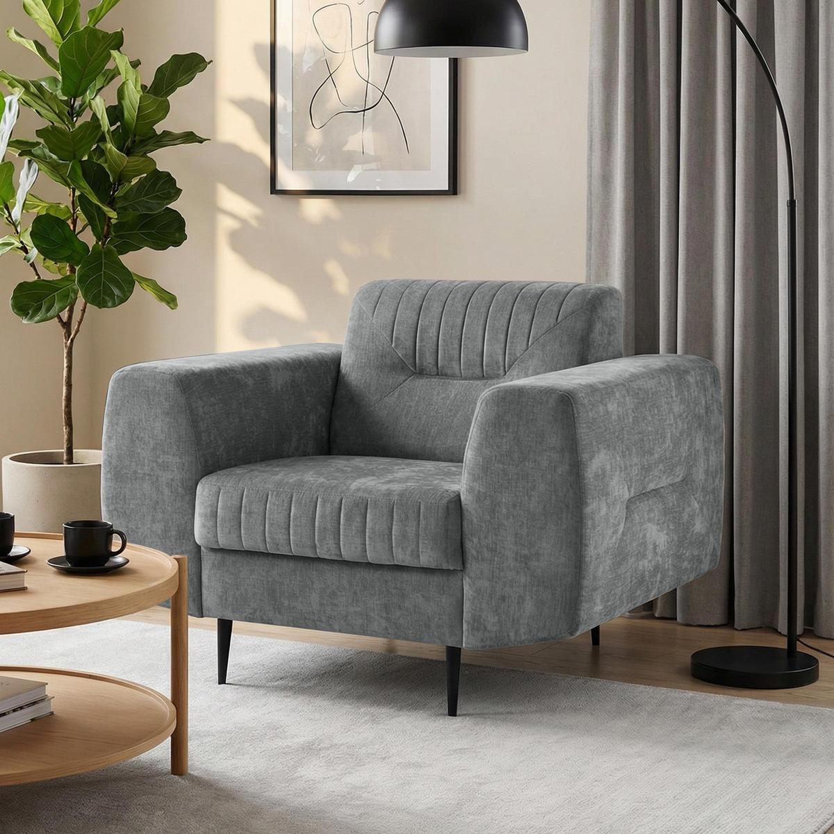 SESSEL Venezia mit Metallbeinen, dunkelgrau, 112 cm - Dunkelgrau/Schwarz, Holzwerkstoff/Metall (112/85/94cm) - Beautysofa