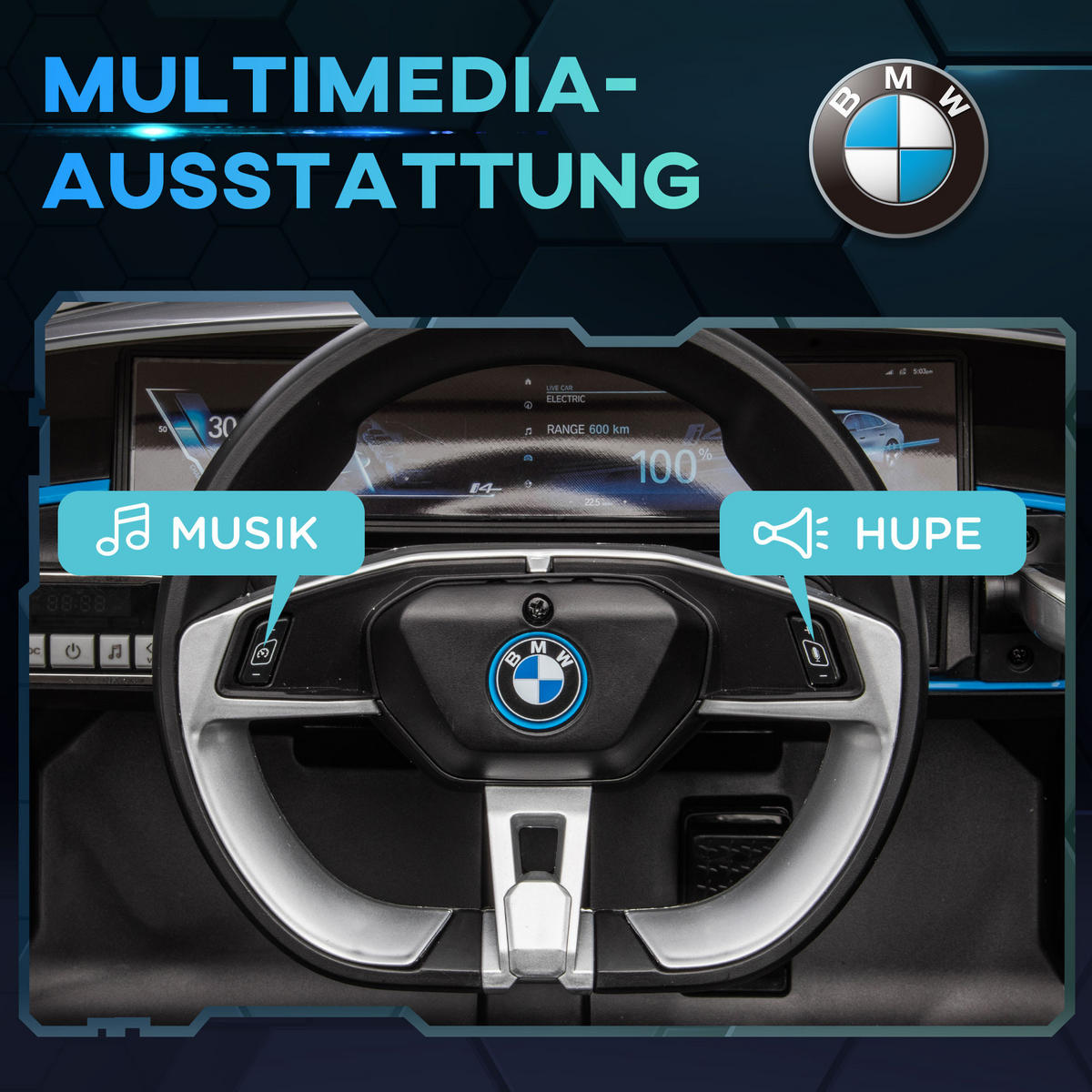 KINDER ELEKTROAUTO, Schwarz/Weiß, Kunststoff+ Eisen - Schwarz, Metall (115/67/45cm) - HOMCOM