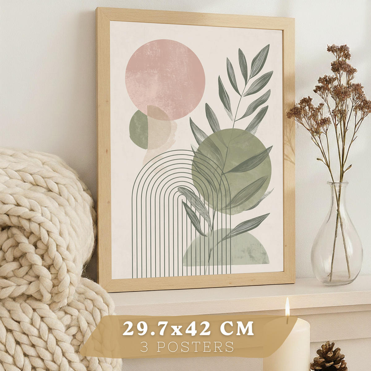 PLAKAT Sada 3 dekorativních nástěnných tisků, zelené a růžové tvary, pro moderní dekoraci obývacího, velikost Světlý dřevěný rám A3 - béžová, papír (29.7/42/3cm) - Nacnic