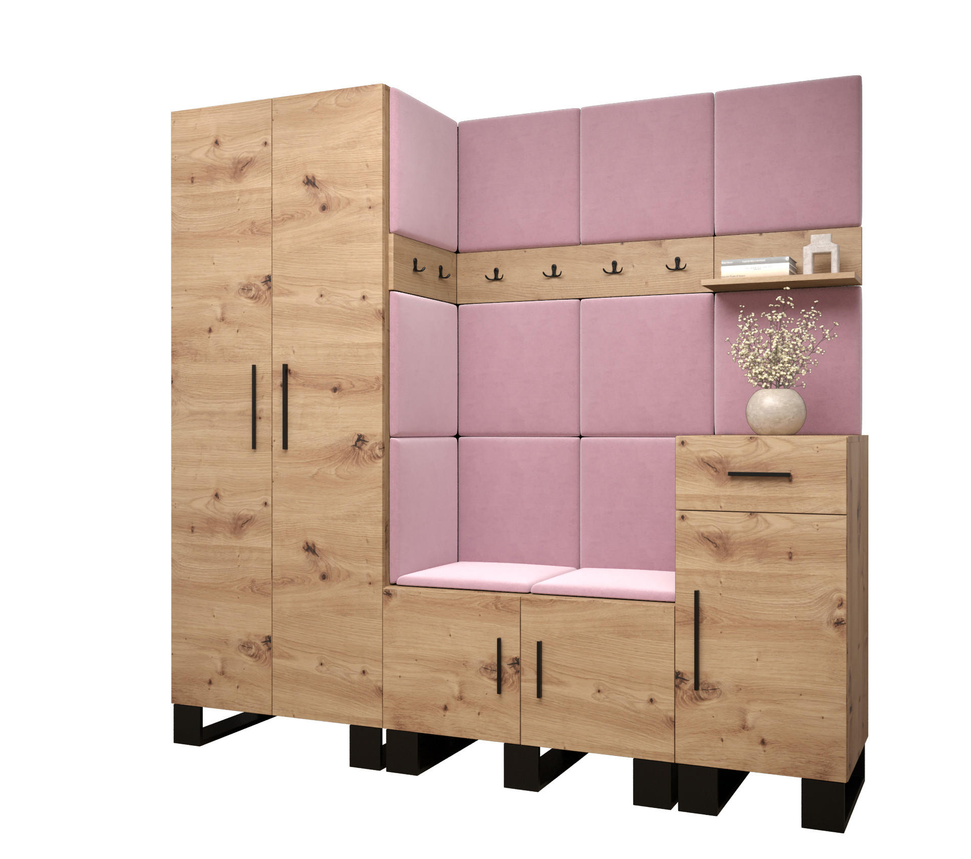 Abiks Möbel Garderoben-Set Eiche Artisan, Pink 200x196x45.6 cm